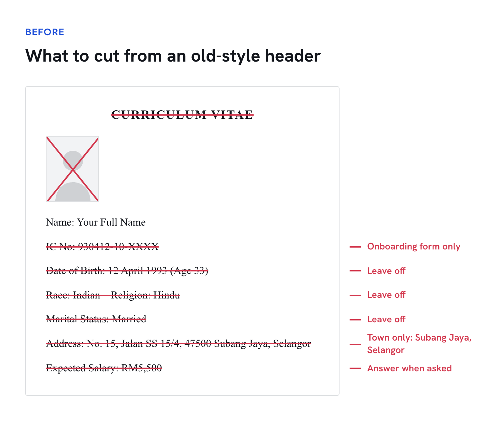 An old-style resume header with the photo, IC number, date of birth, race, religion, marital status, street address and expected salary struck through